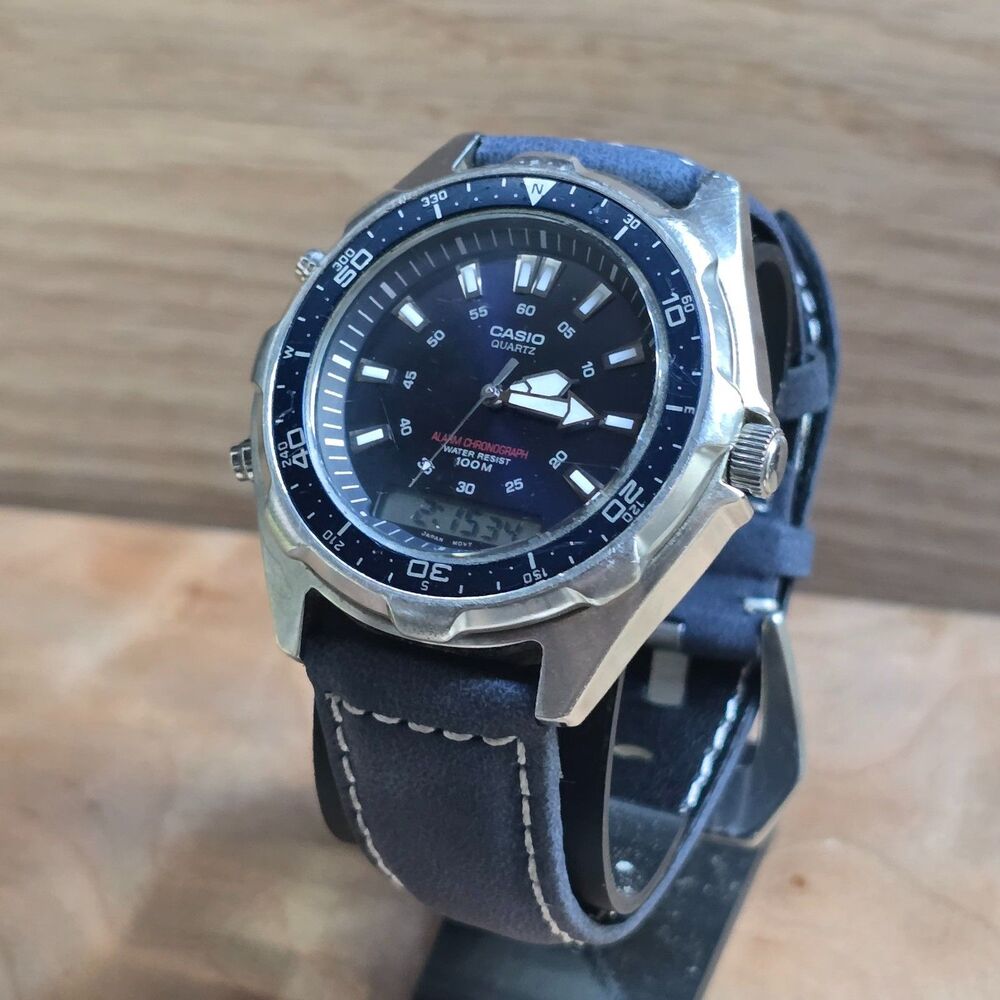 Vintage Casio AMW-320R Arnie Ana-Digi Alarm Chronograph Blue Leather